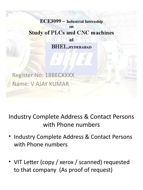 Study of Plcs and CNC Machines at Bhel,: Register No  